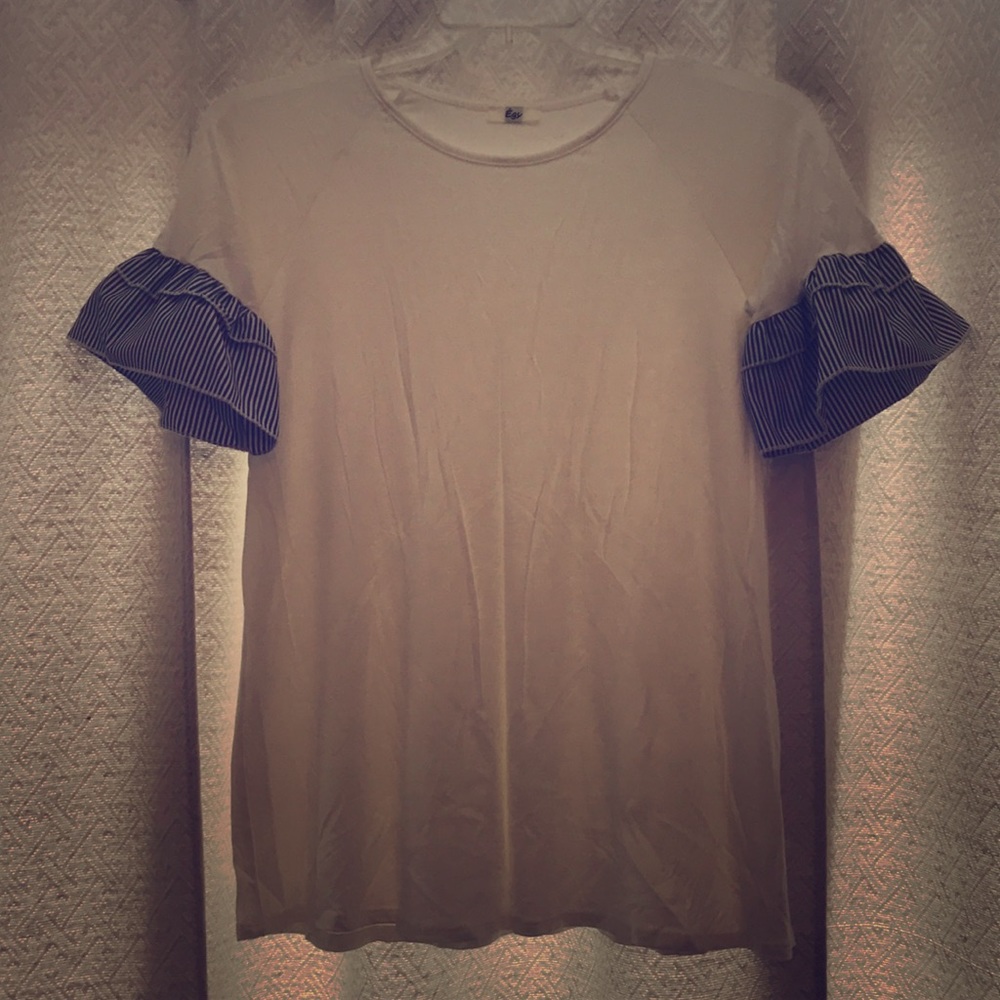 White Tee with Blue and White Ruffled Sleeves